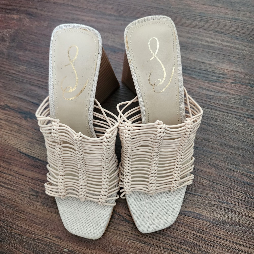 Sam Edelman Laurette Macrame Block Heel Sandals Beige Cream Square Toe Mule 5.5M - Picture 6 of 7